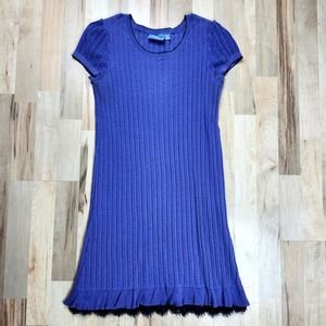 Royal Blue Ribbed Knit Sweater Dress with‎ Ruffle Hem Short Sleeve